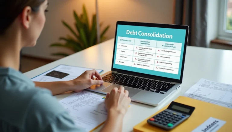 Person reviewing debt consolidation options with a laptop, credit card statement, and calculator.
