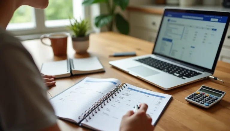 Person creating a starter budget at a kitchen table with notebook, calculator, and laptop.