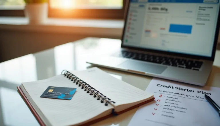 Person beginning to build credit from scratch with a secured card, laptop, and starter credit plan.