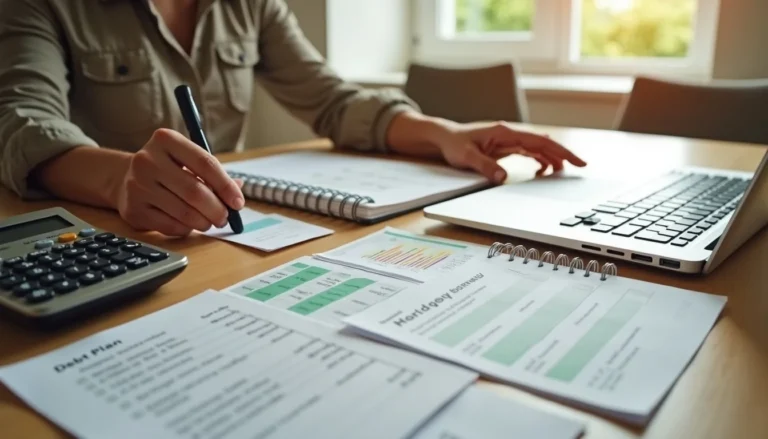 Person organizing multiple debts with statements, notebook, and laptop at a home desk.