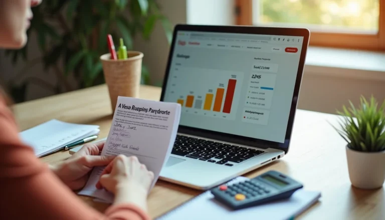 Person creating an aggressive credit card payoff plan with a laptop, statement, and calculator.