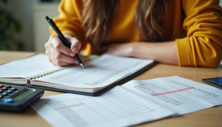 Person creating a low-income debt payoff plan with a budget worksheet, credit card statement, and calculator.