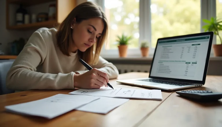 Person organizing monthly budget at a kitchen table to break the paycheck-to-paycheck cycle.