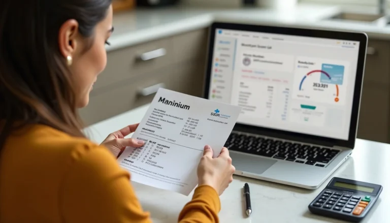 Person reviewing a credit card statement showing minimum payment details at a kitchen table.