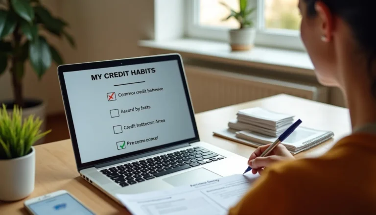 Person reviewing a list of common credit mistakes and organizing financial documents.