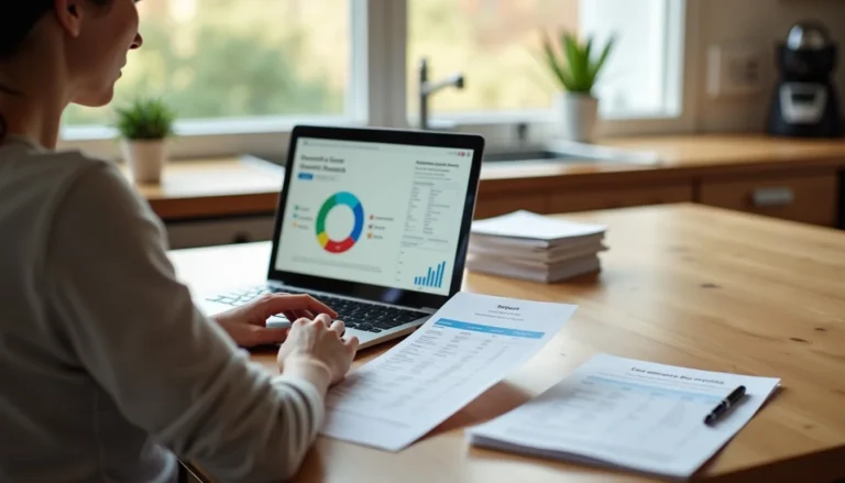 Person reviewing their credit report and credit score dashboard at a kitchen table.
