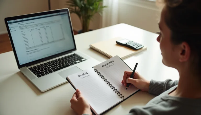 Person comparing the debt snowball and debt avalanche payoff strategies at a home desk.