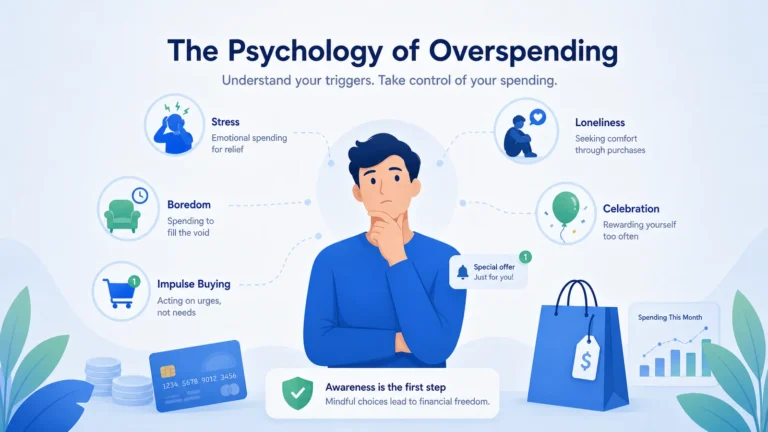 Wide illustration of a person surrounded by icons representing emotional spending triggers like stress, boredom, and impulse buying.